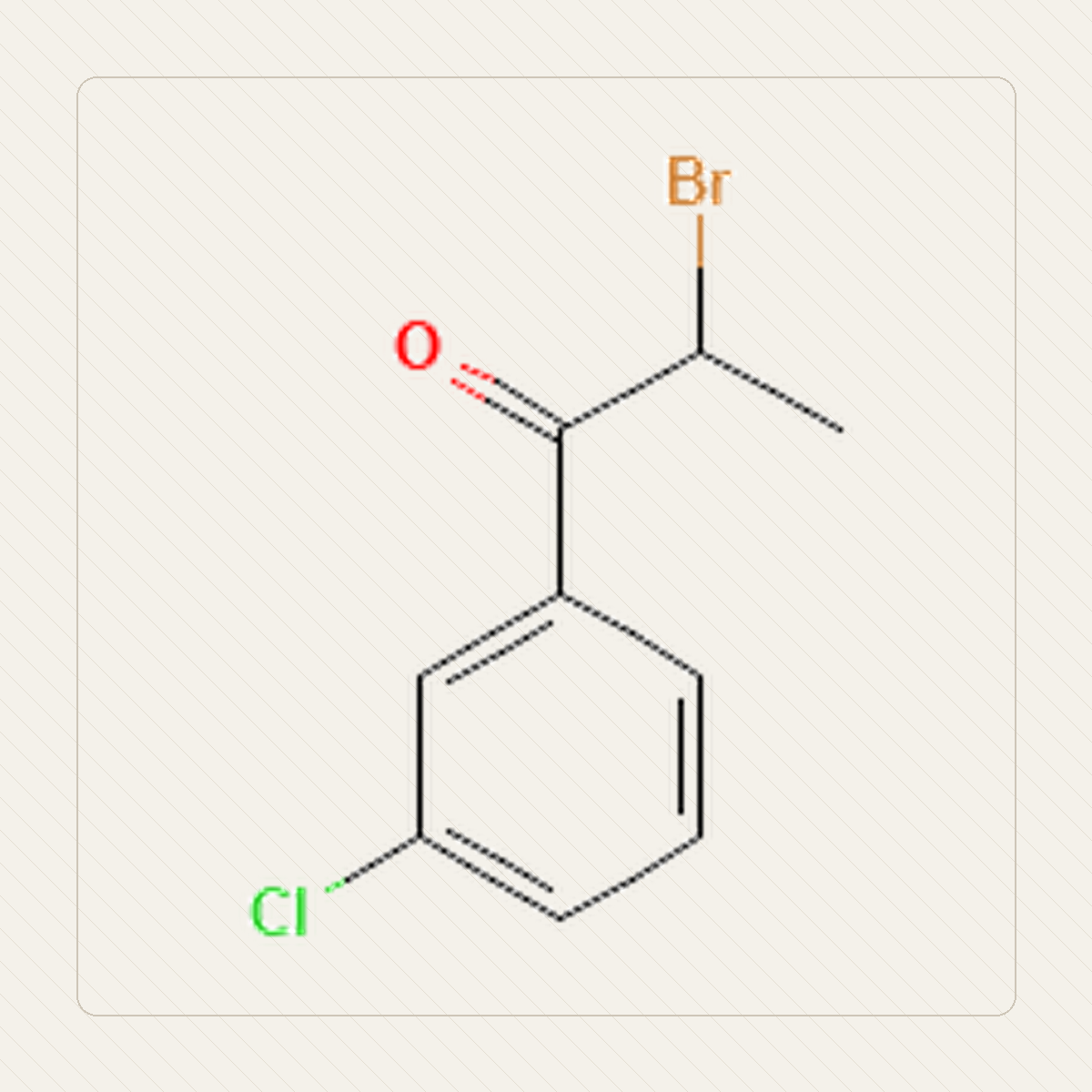 2-bromo-3-cloropropiofenonă, ilustrație educațională a structurii moleculare